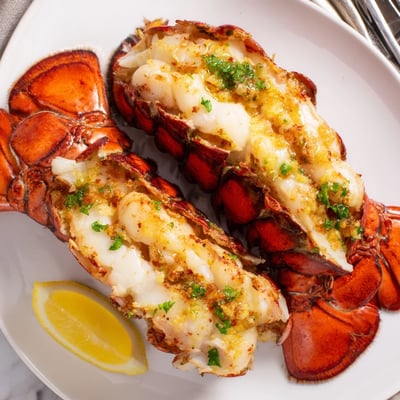 Easy Baked Lobster Tails glistening under butter, served with lemon wedges on a plate.