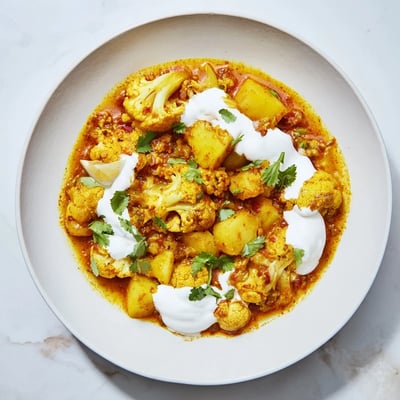 Fresh cilantro and lemon wedges garnish Indian Butter Spiced Potatoes and Cauliflower served over steamed basmati rice.
