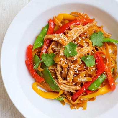 Sweet Chilli Turkey Noodle Stir Fry is plated with fresh lime wedges and sesame seeds, steaming gently on a rustic wooden table.  
