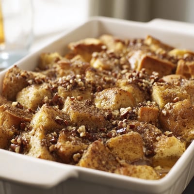 A close-up of French Toast Casserole showing fluffy custard-soaked brioche cubes topped with caramelized cinnamon sugar and chopped pecans.