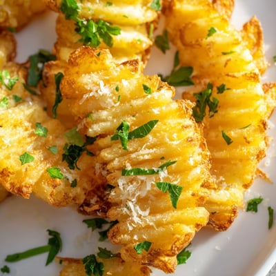Stacked Crispy Mashed Potato Fries served hot with ketchup and Parmesan for dipping.  