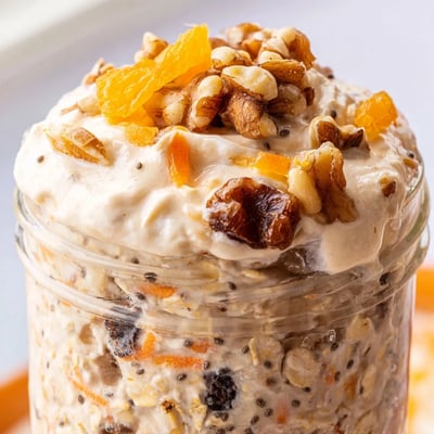 Thick spiced carrot cake overnight oats served in a mason jar with raisins