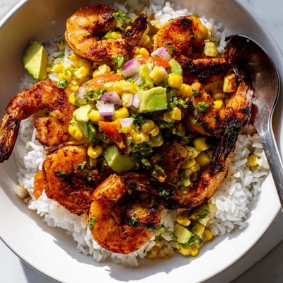 Sizzling grilled shrimp bowl with avocado corn salsa and lime wedges