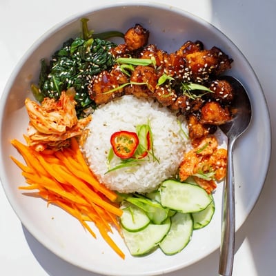 Golden crispy tofu bulgogi bowl topped with sesame seeds, kimchi, and fresh chili