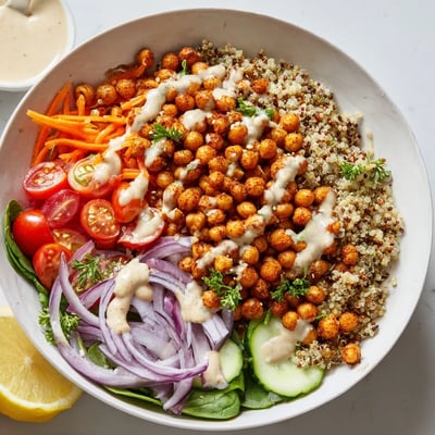 Fluffy quinoa chickpea bowl drizzled with creamy lemon tahini dressing and bright garnishes
