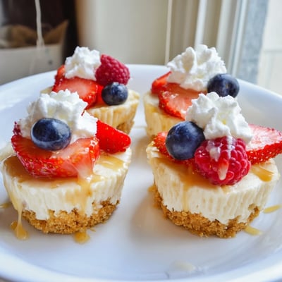 Mini cheesecakes drizzled with chocolate ganache on a rustic baking sheet