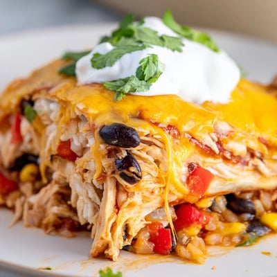 Creamy chicken burrito casserole layered with beans rice and gooey cheddar