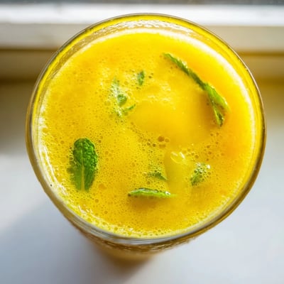 Bright green mango cucumber smoothie garnished with fresh mint leaves beside a striped straw and diced fruit