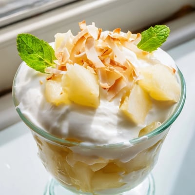 Creamy mini pineapple condensed coconut milk served in individual cups with mint garnish