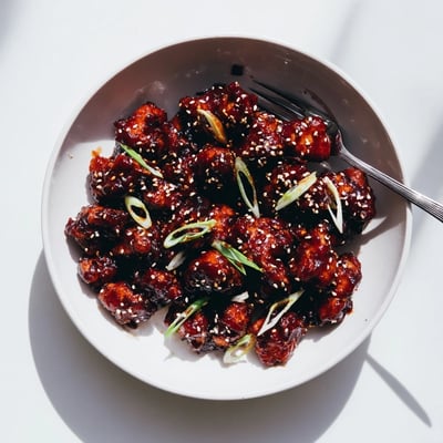 Caramelized Gochujang Chicken pieces sizzling in a skillet with a rich, spicy sauce